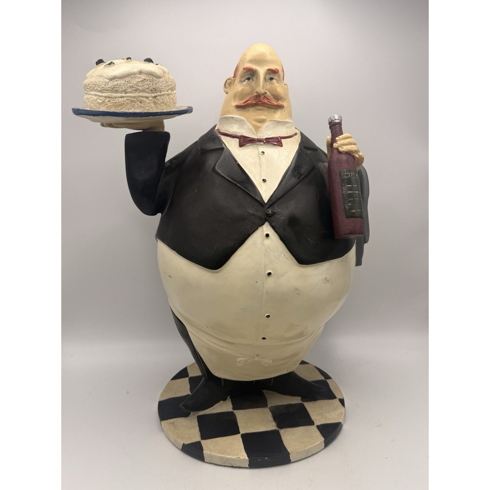 11 1/2" LARGE ROUND ITALIAN WAITER WITH CAKE & WINE STATUE - RESIN